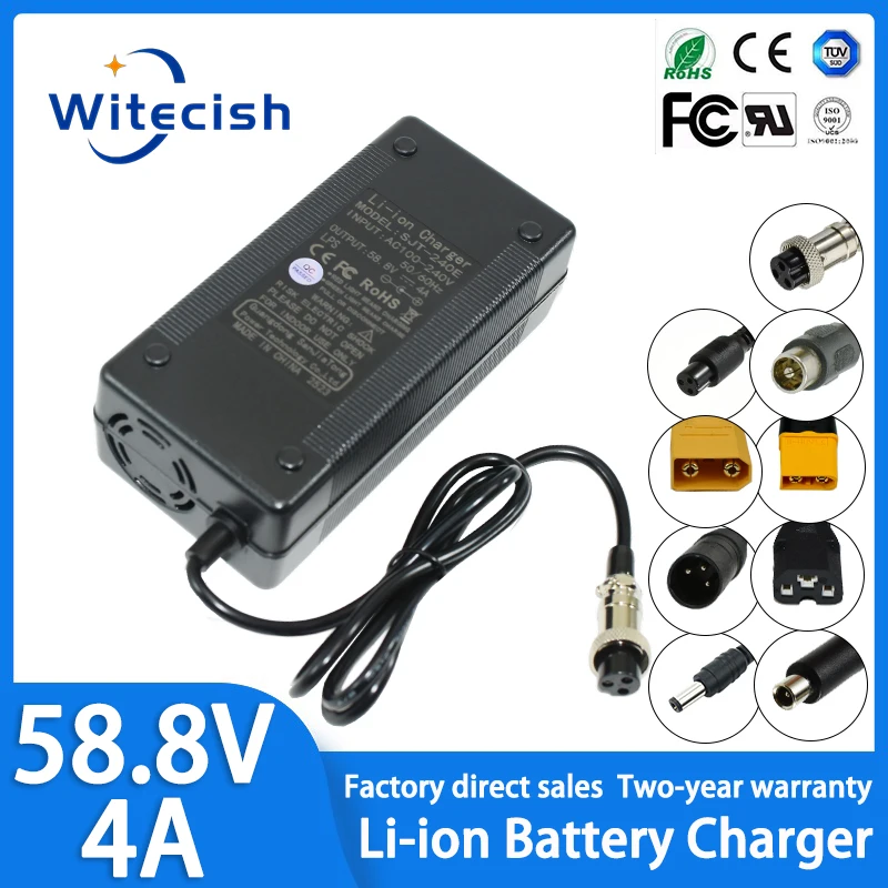 

58.8V 4A Lithium Battery Charger for 14Series 51.8V 52V Li-ion Battery Pack with Built-in Cooling Fan Universal Voltage 100-240V