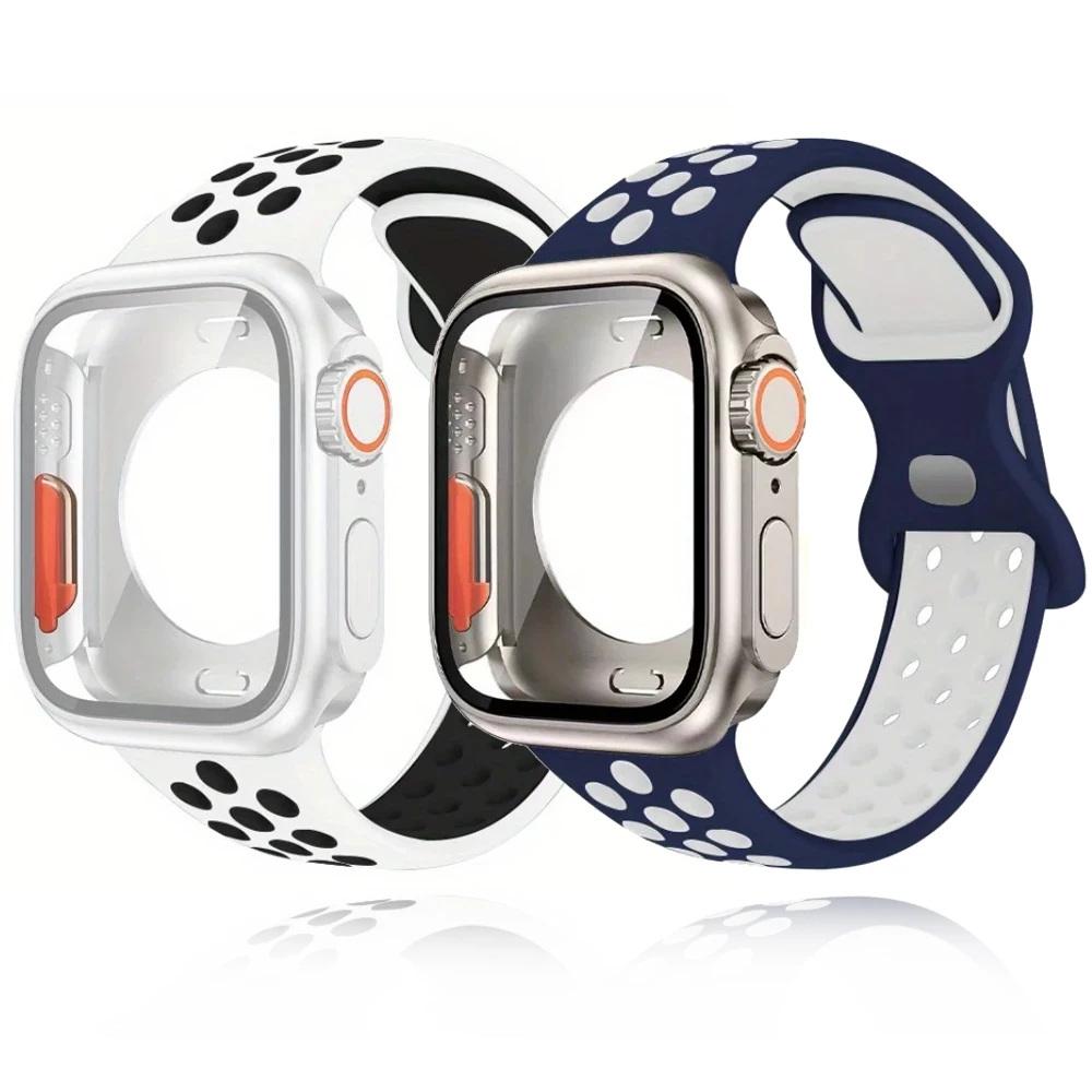 Correa de silicona con funda protectora de pantalla para iWatch Series 4/5/6/SE/7/8/9 45mm/44mm/41mm/40mm correa de reloj deportivo con cierre de mariposa