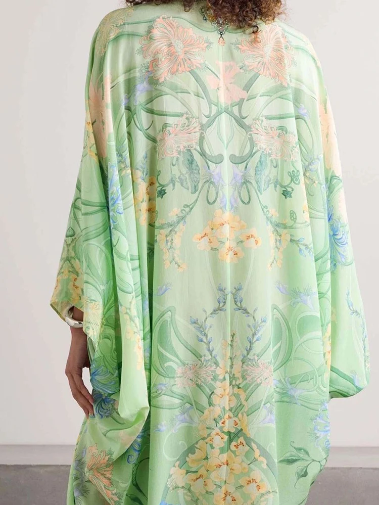 หลวมแขน Batwing Ruffles เสื้อคลุมเซ็กซี่ V คอเอวสูง Vestidos ชุดฤดูใบไม้ร่วงใหม่ซาตินพิมพ์ผู้หญิง Leisure Party ชุดยาว