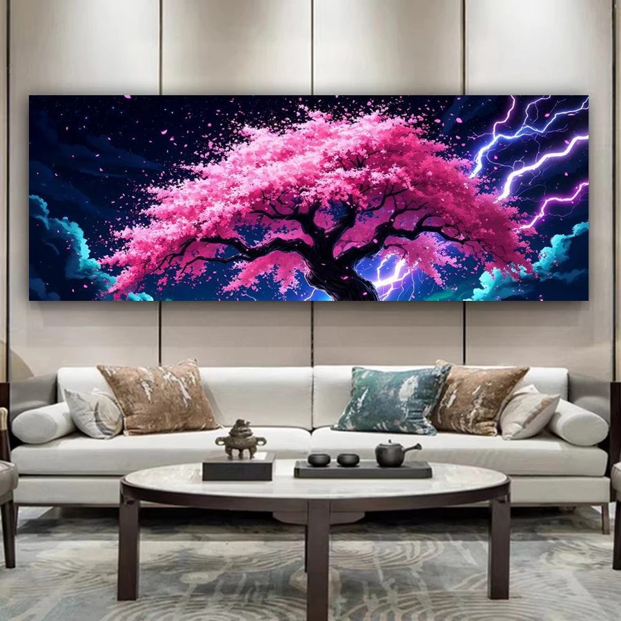 

Diy Mosaic Embroidery Lightning Pink Trees Large Size Diamond Art Painting Kits Scenery Full Square Round Drill Wall Decor
