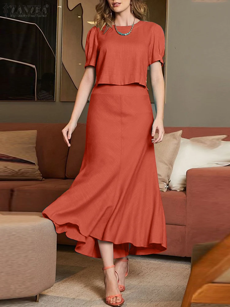 

Elegant Summer OL Work Dress Sets ZANZEA Women Outfits 2PCS Solid Tracksuit Short Sleeve Blouse Sundress Fashion Two Pieces Sets