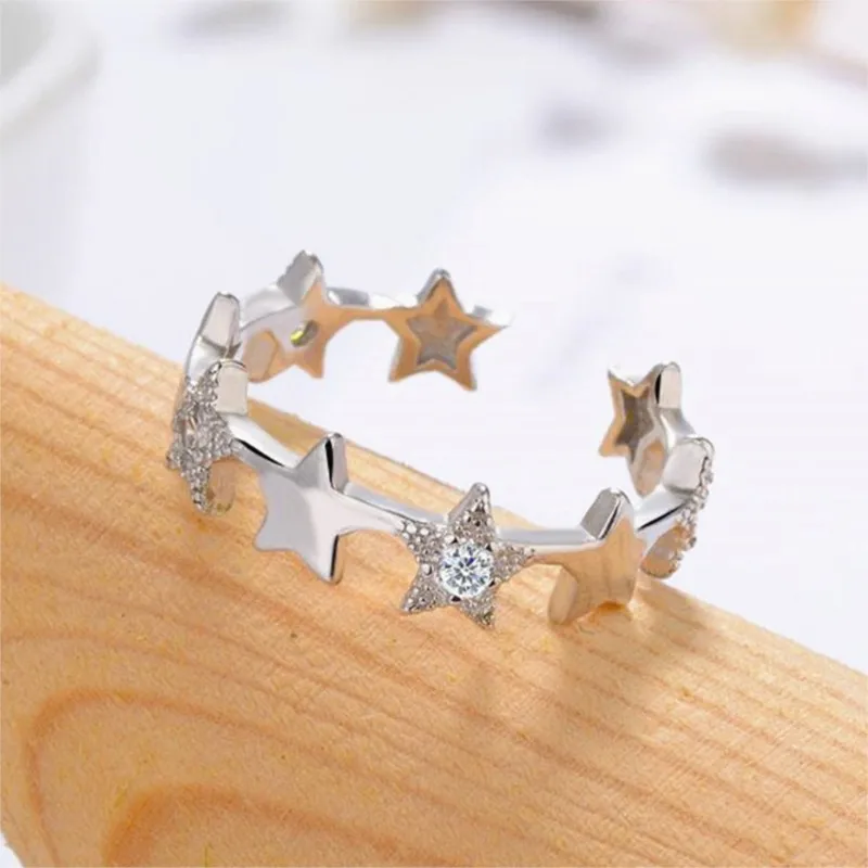 925er Sterlingsilber-Schmuck, modisch, kleine frische Sterne, Kristallprävention, einfache, schöne Öffnungsringe R028