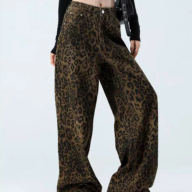 Pantalon léopard ample Vintage pour femme, boutonné, taille haute, classique, jambes larges, survêtement Mujer, automne hiver