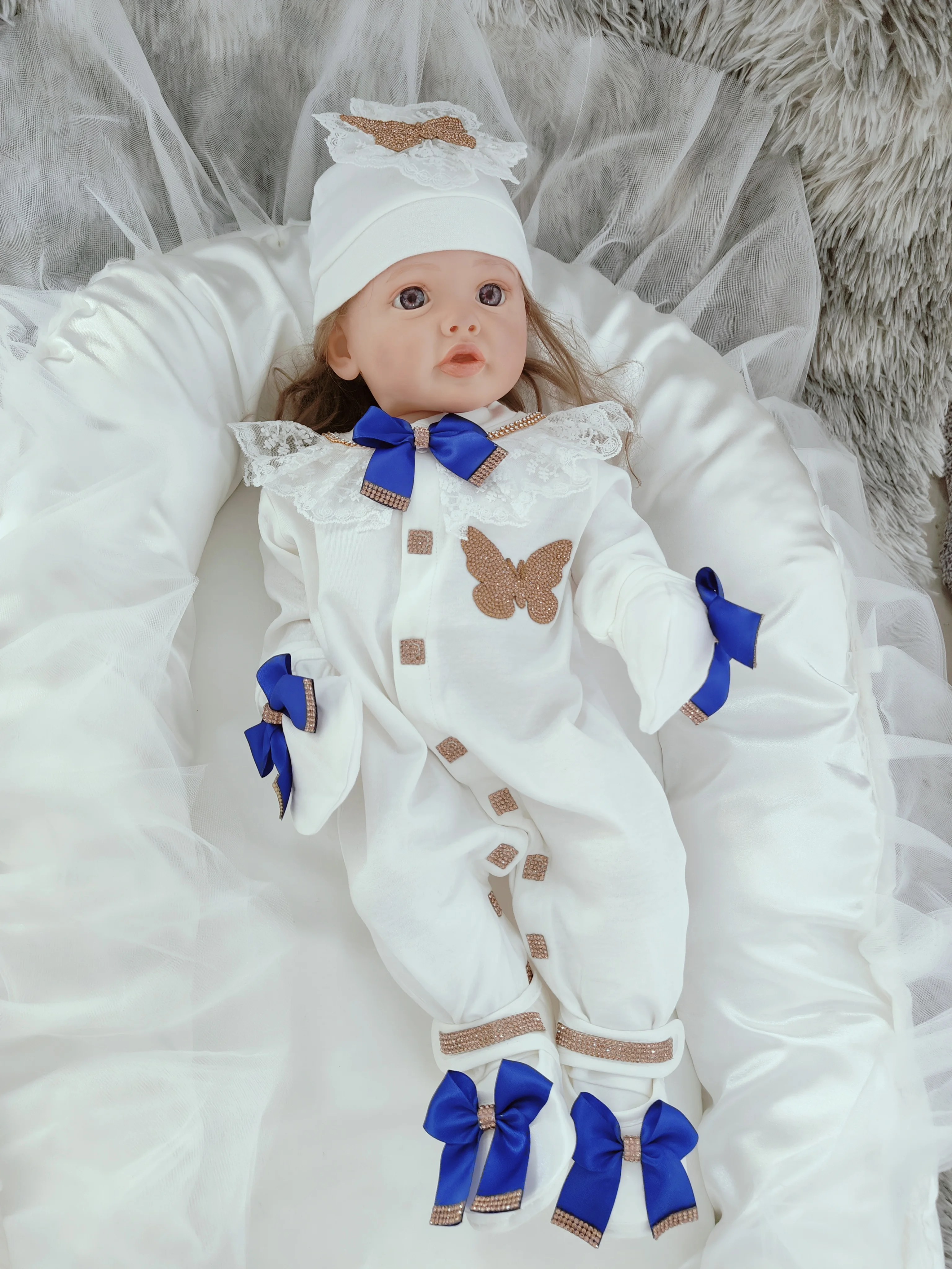 3PCS Charming Baby Girl Lace Footed Romper Set Gold Rhinestone Butterfly Blue Bow Newborn Photo Shoot Outfit Top Quality