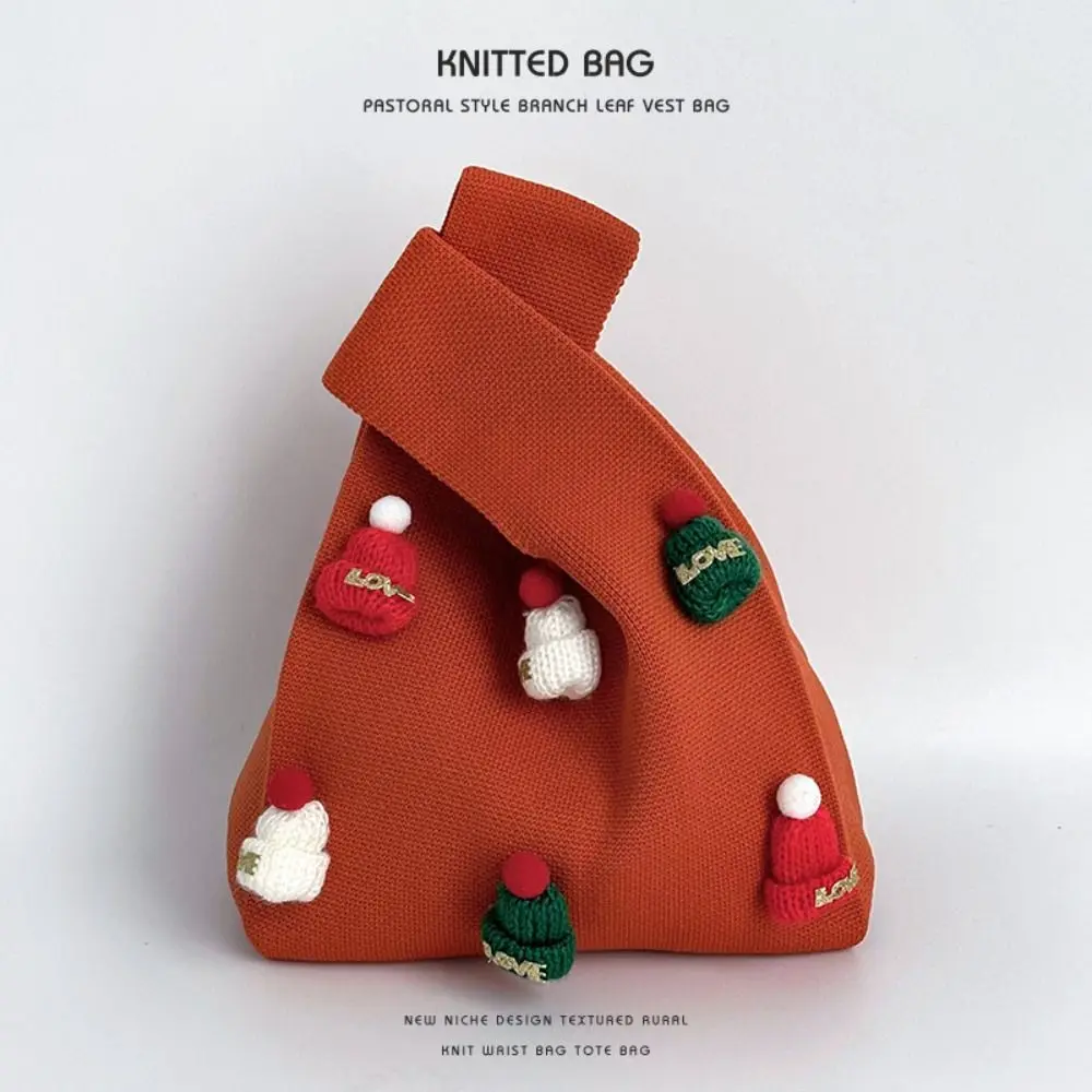 Sac de poignet décontracté avec nœud de chapeau de noël, sac tricoté en laine imprimé, sac à main tissé, fourre-tout pour étudiant