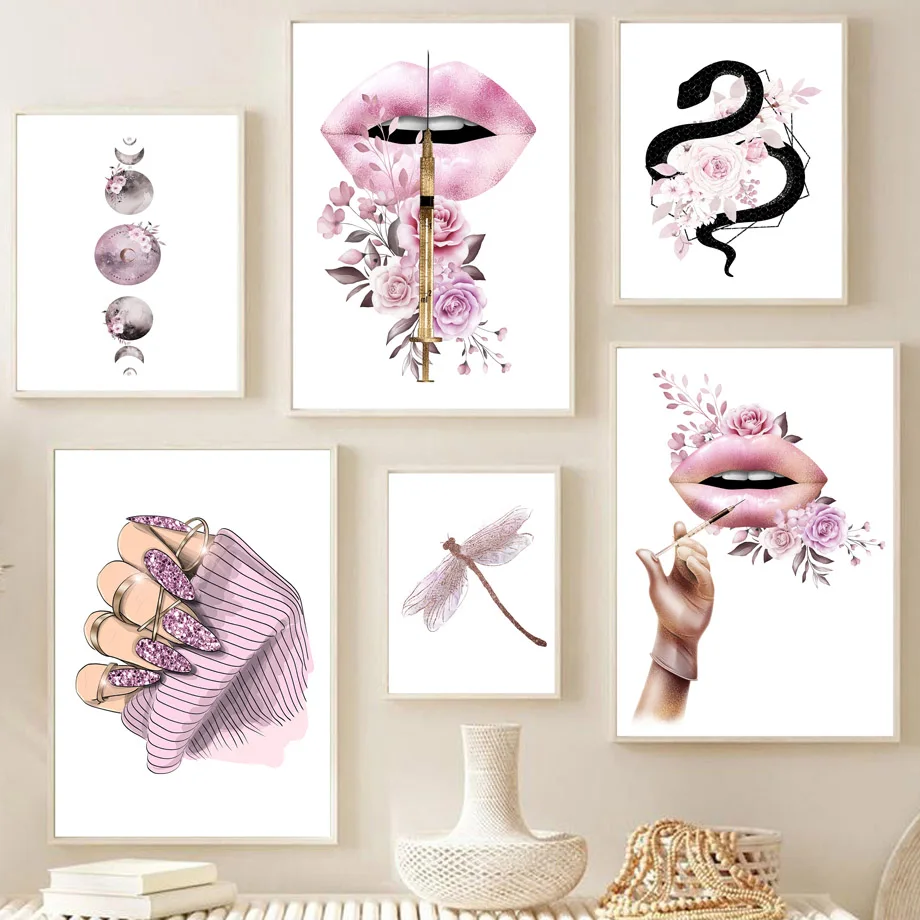 Nail Tech Salon Spa Lips Eyelash Woman Flower Wall Art Canvas Painting Aesthetic Poster Fashion Prints Beauty Room Girl Decor