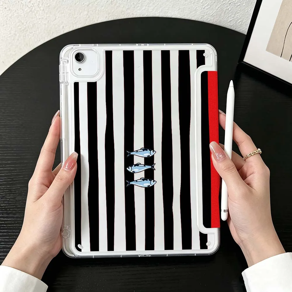 Fish Blue Stripe Turtle For iPad Mini Pro Air 5 6 7 8 9 10th 11th 11 9.7 10.9 13 inch Transparent Y-Shaped Folding Tablet Case