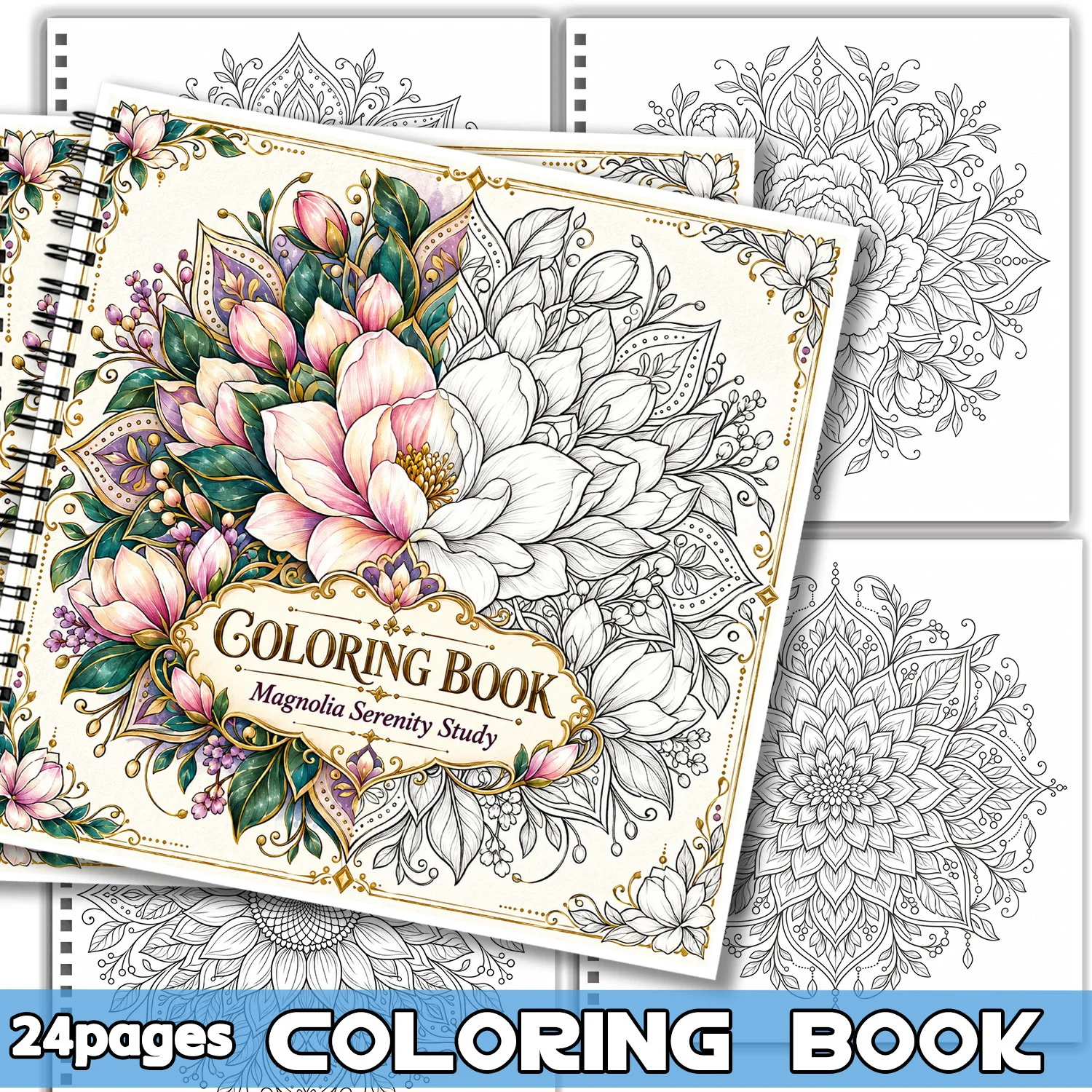 Spiral Binding Coloring Book Magnolia Serenity Study 24Sheets Mandala Art for Adult Teens Showcasing Creativity Relieving Stress