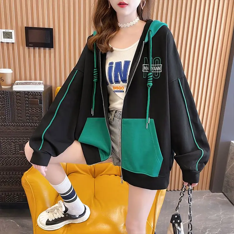 LooseCasual Casual Sweatshirts Cardigan Female New Korean Autumn Winter Patchwork Hoodies Coat Women Clothing All-match Top Tee