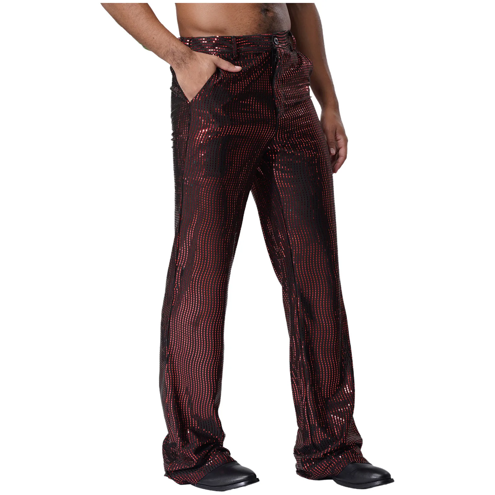 

Men's Shiny Sequin Flared Long Pants Allover Glittery Pockets Trousers Disco Dance Music Stage Performance Costume Street Wear