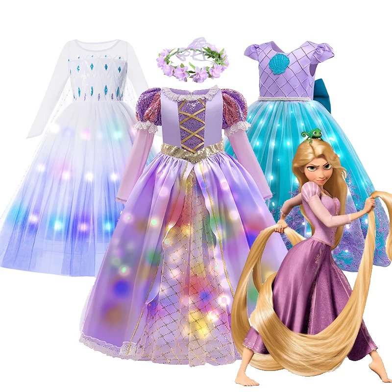 Disney Rapunzel Girl Princess Dress LED Light Up Children Party Cosplay Costume Long Sleeve Mesh Fancy Clothes Birthday Dress