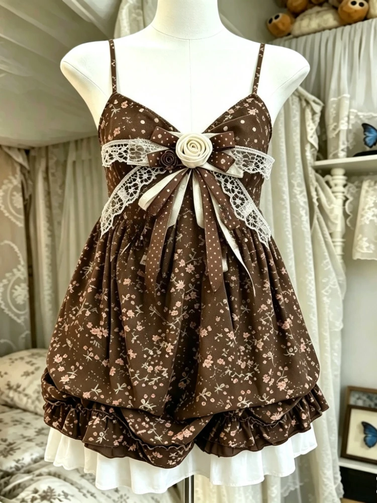 Japanischer Stil Süßes Spitzenkleid mit Schleife Kawaii Lolita Kleid Damen Vintage Rüschen-Tüllkleid Harajuku Y2k Schlankes Bandage-Kleid 2026 Sommer