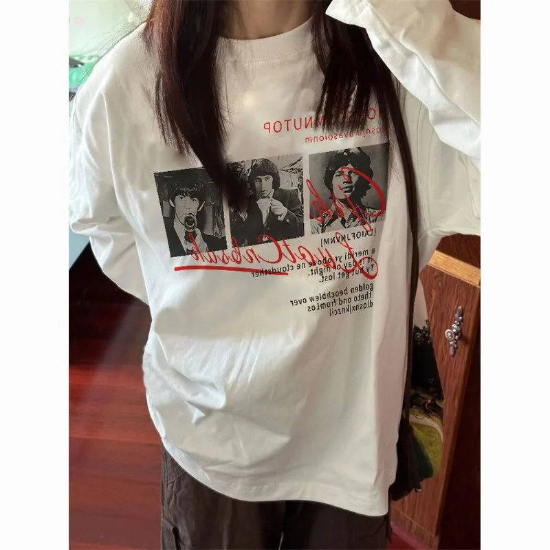 

QWEEK Vintage Basic White Women T-shirts Harajuku Graphic Print Long Sleeve Korean Fashion Tops Oversized Casual Streetwear Tees