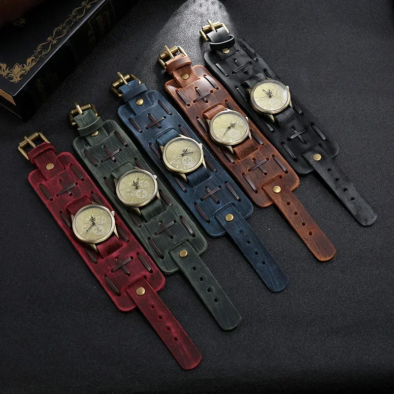 Pop Punk Retro Vintage Belt Strap Genuine Leather Woven Men Watch Wide Wrap Bracelet For Women Jewelry Freely Shipping