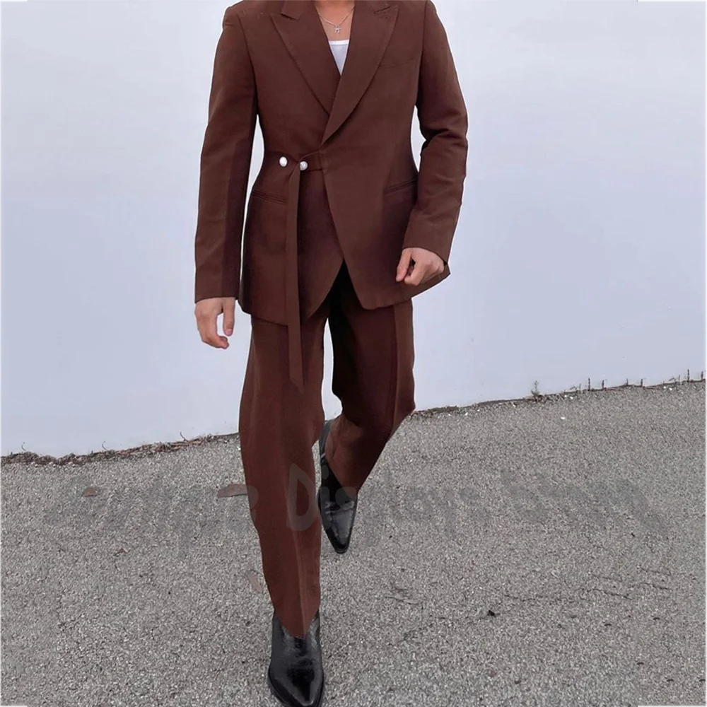 New Brown Men's Suit Set Slim Belt Peaked Lapel Two Piece High Quality Chic Casual Street Party Daily Trendy Male Clothing