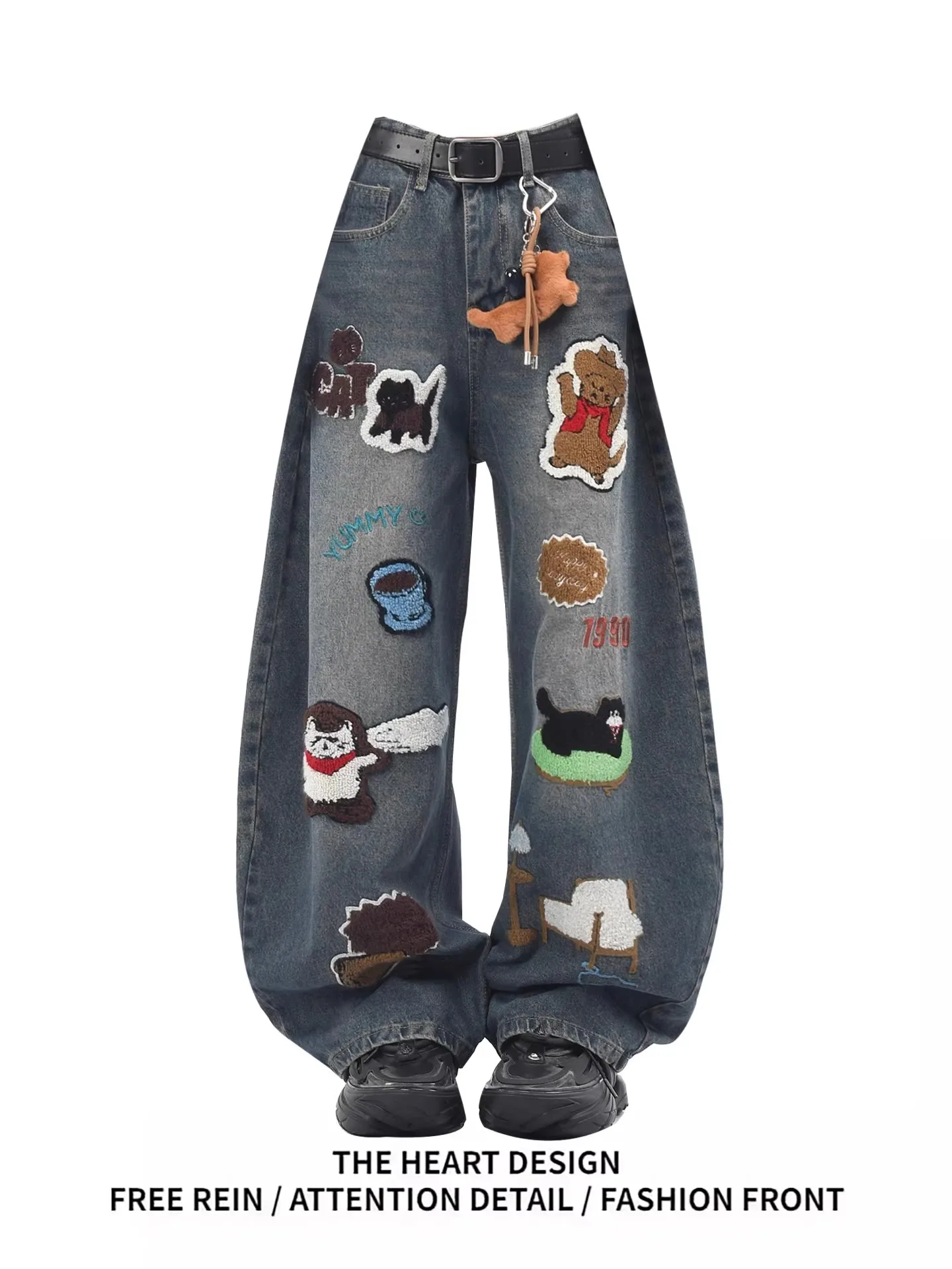 

Retro American Cartoon Washed Denim Pants High Waist Knife Wide Leg Women's Autumn Trousers with Embroidery Design
