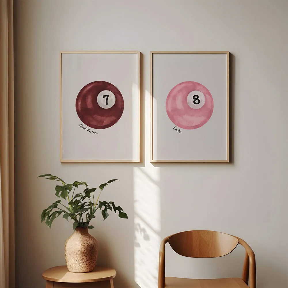 Set of 2 Frameless Preppy Art Lucky NO.8 Pool Balls Poster Y2K Minimalist Painting Canvas Print Wall Picture Gift for Couples