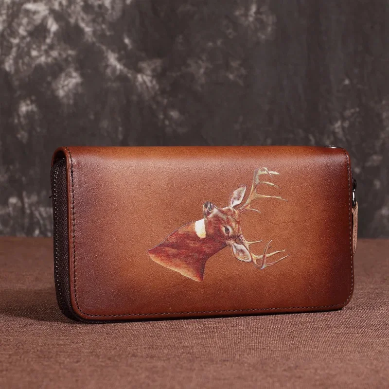 Genuine Leather Clutch Women Purse Deer Pattern High Quality Designer Brand Cards Holder Female Money Bag Zipper Long Wallets