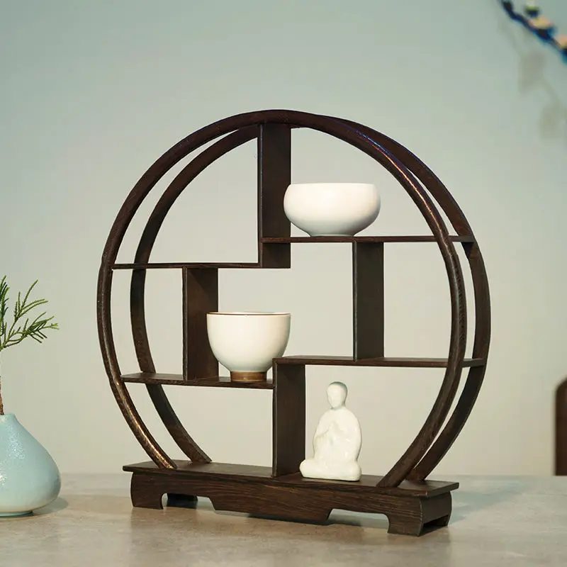 Traditional Rosewood Round Wooden Vintage Vintage Retro Bookshelf for Tea Pots Crafts Rosewood Crafts Shelf 7 Compartment