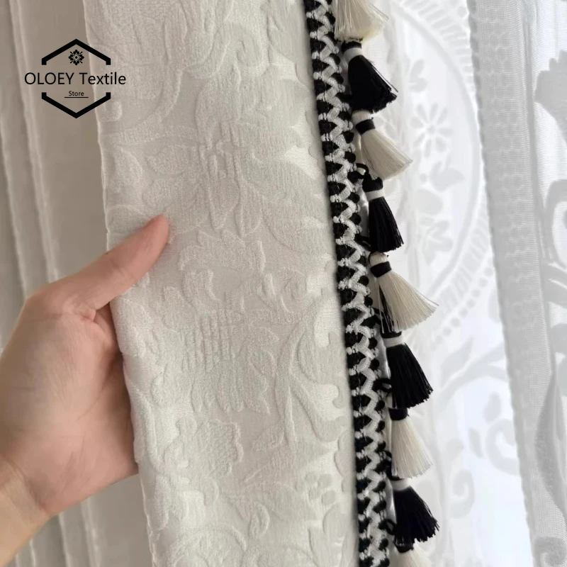 Custom Size French Cream Style Embossed Jacquard Chenille Blackout and High-end Feel Curtains for Living Dining Room Bedroom