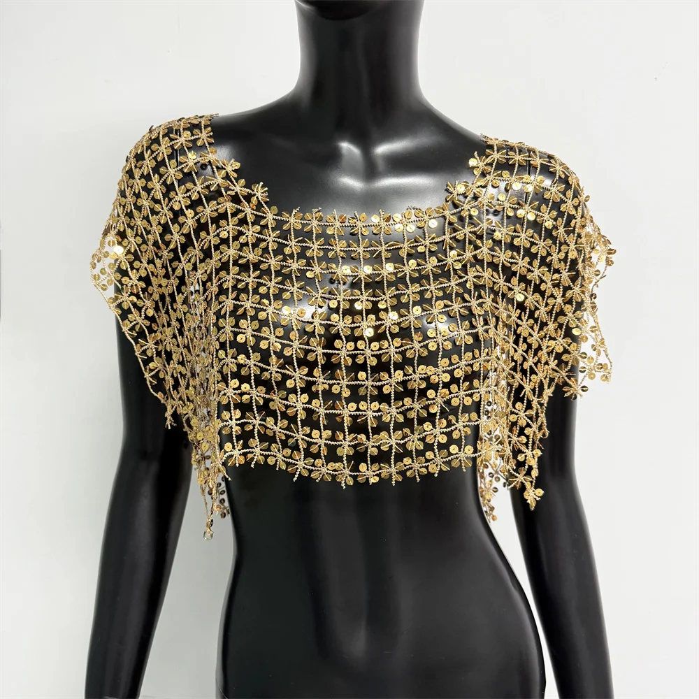 Damen Acryl-Pailletten Mesh Crop Tops Sexy Ausgehöhlt Durchsichtig Handgefertigtes Patchwork T-Shirt Rave Festival Party Tanktops – Detail 6