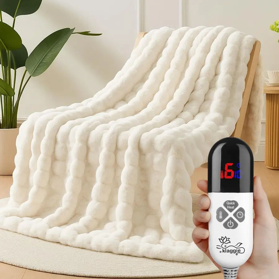 

Heated Blanket Throw 50x60 White Ultra Soft Luxury Fluffy Faux Rabbit Fur Machine Washable 6 Heat Settings 4 Hours Auto Off Over