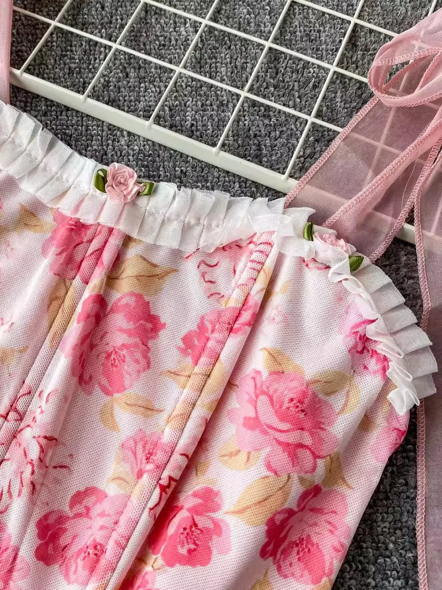 Foamlina doux Floral coupe ajustée arête de poisson haut court femmes rétro romantique rose imprimé Bandeau licou à volants gilet Camis réservoirs