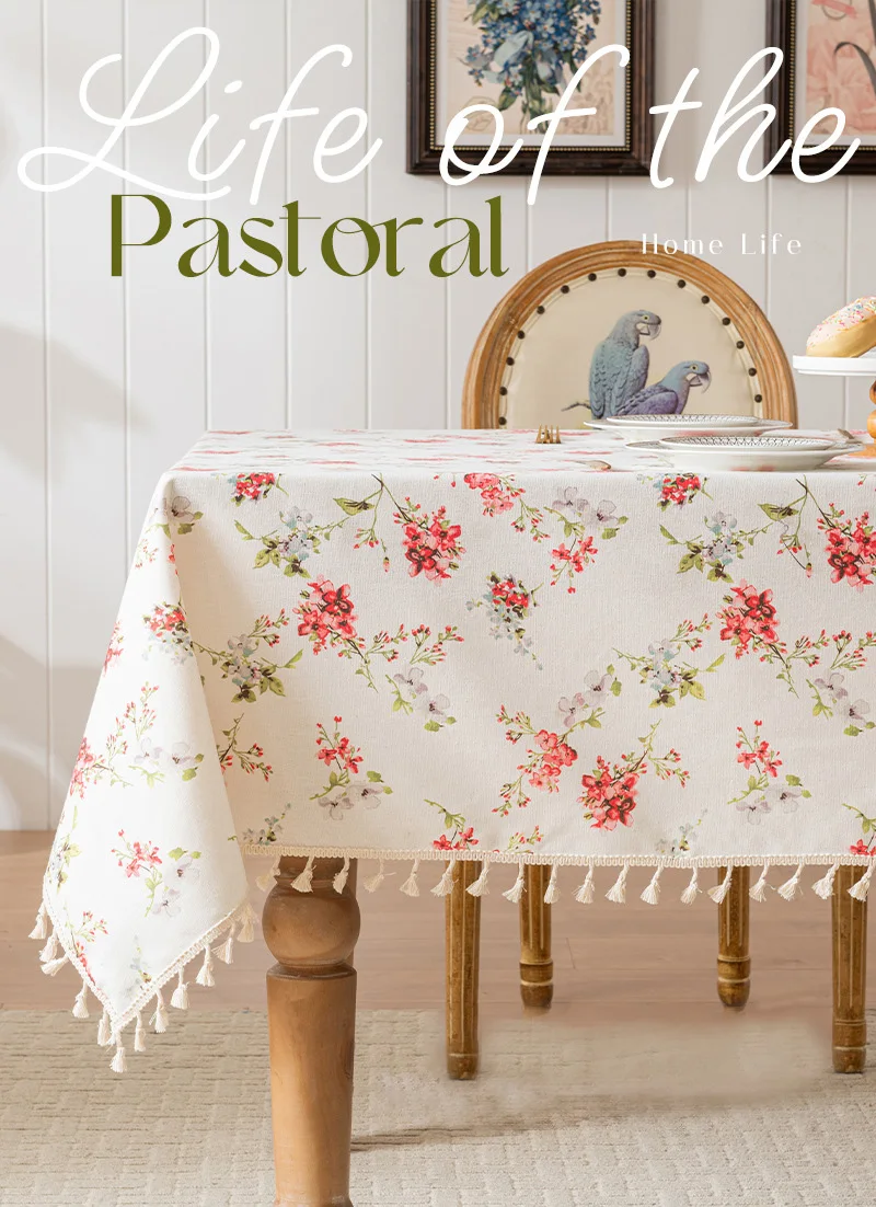 

French Nanyang Floral Printed Waterproof Tablecloth with Tassels - for Dining Table, Tea Table & TV Cabinet