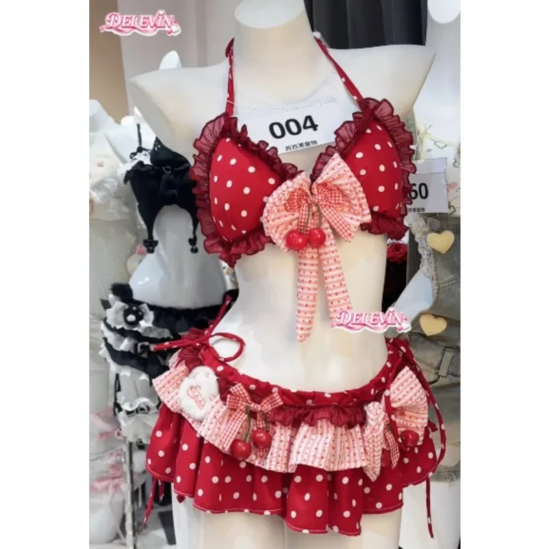 Handmade Original Japanese Cute Cherry Girl Vacation Swimsuit Summer New Lolita Sweet Bow Red Polka Dot Bikini Swimwear Women