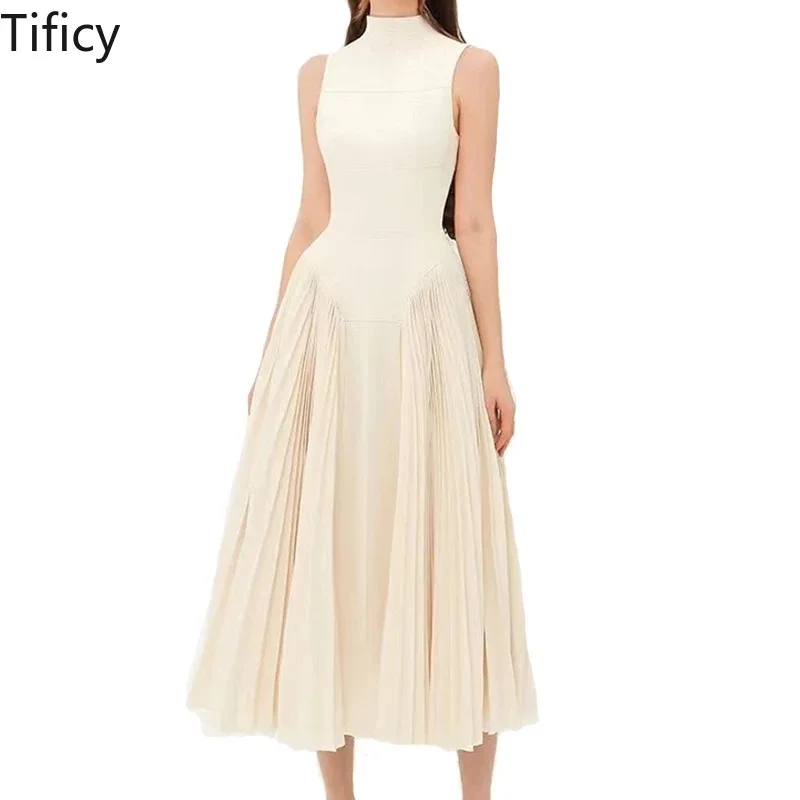 

TIFICY Women's Summer New Stand Up Neck Style Light Mature Style Dress Design Pleats Accepting Waist Slimming Long Dress