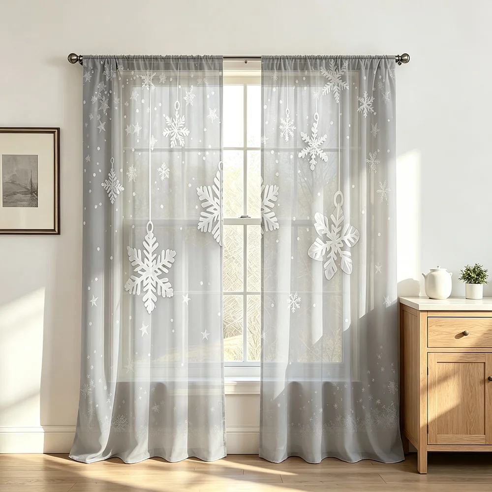 2PCS Christmas Winter Sheer Curtains, Grey White Snowflake, Digital Print, Bedroom Living Room, Rod Pocket Polyester, Home Decor