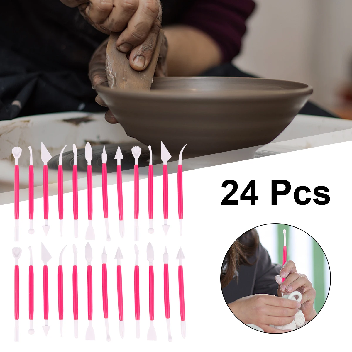 

24pcs Pottery Sculpting Tools Pottery Clay Carving Tools Carving Molding Shaping Kit For Air Dry Polymer Clay Pink