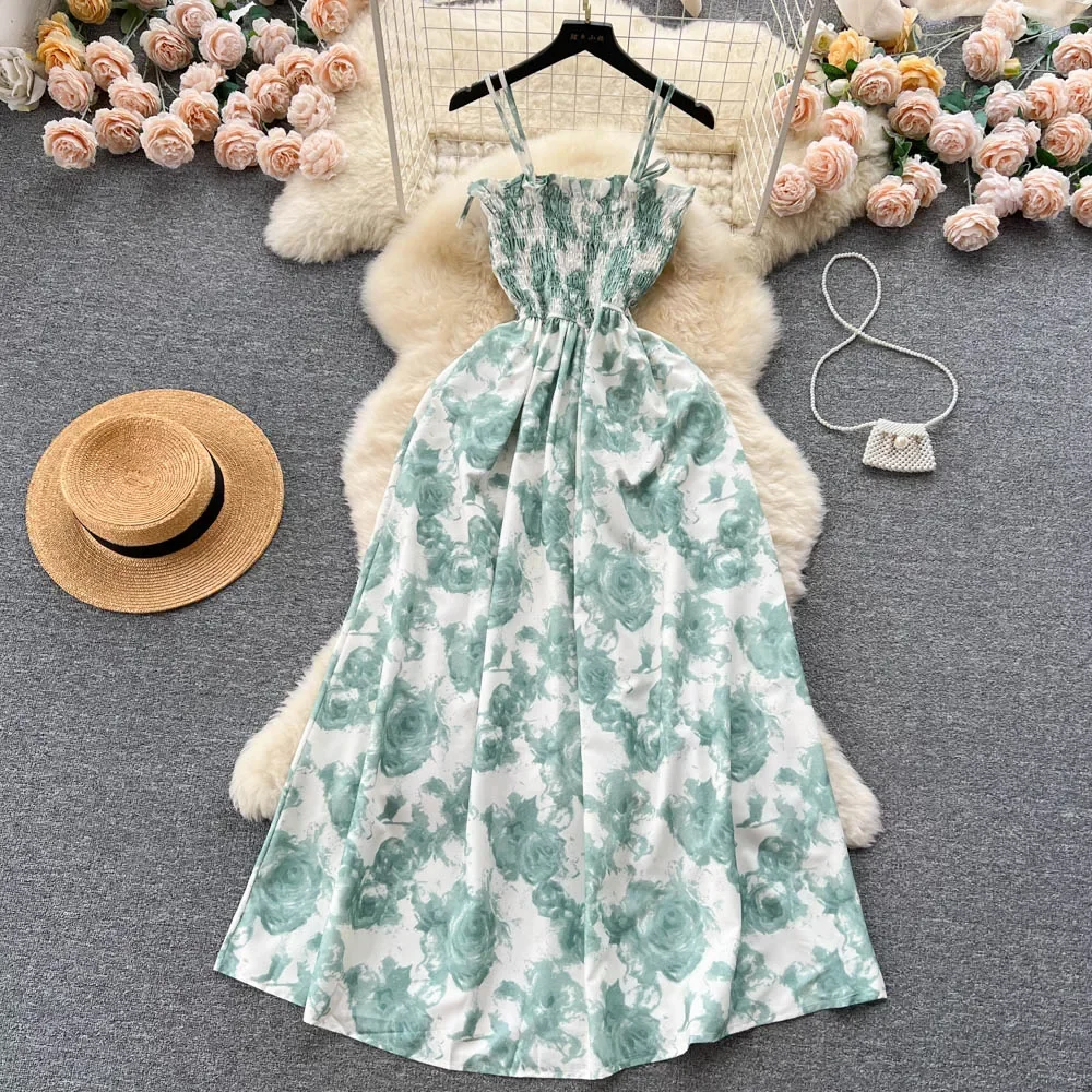 2024 New Summer Korean Fashion Rose Flower Print Romantic Retro Party Dress Elastic High Waist Vacation Long Dress Beach Vestido