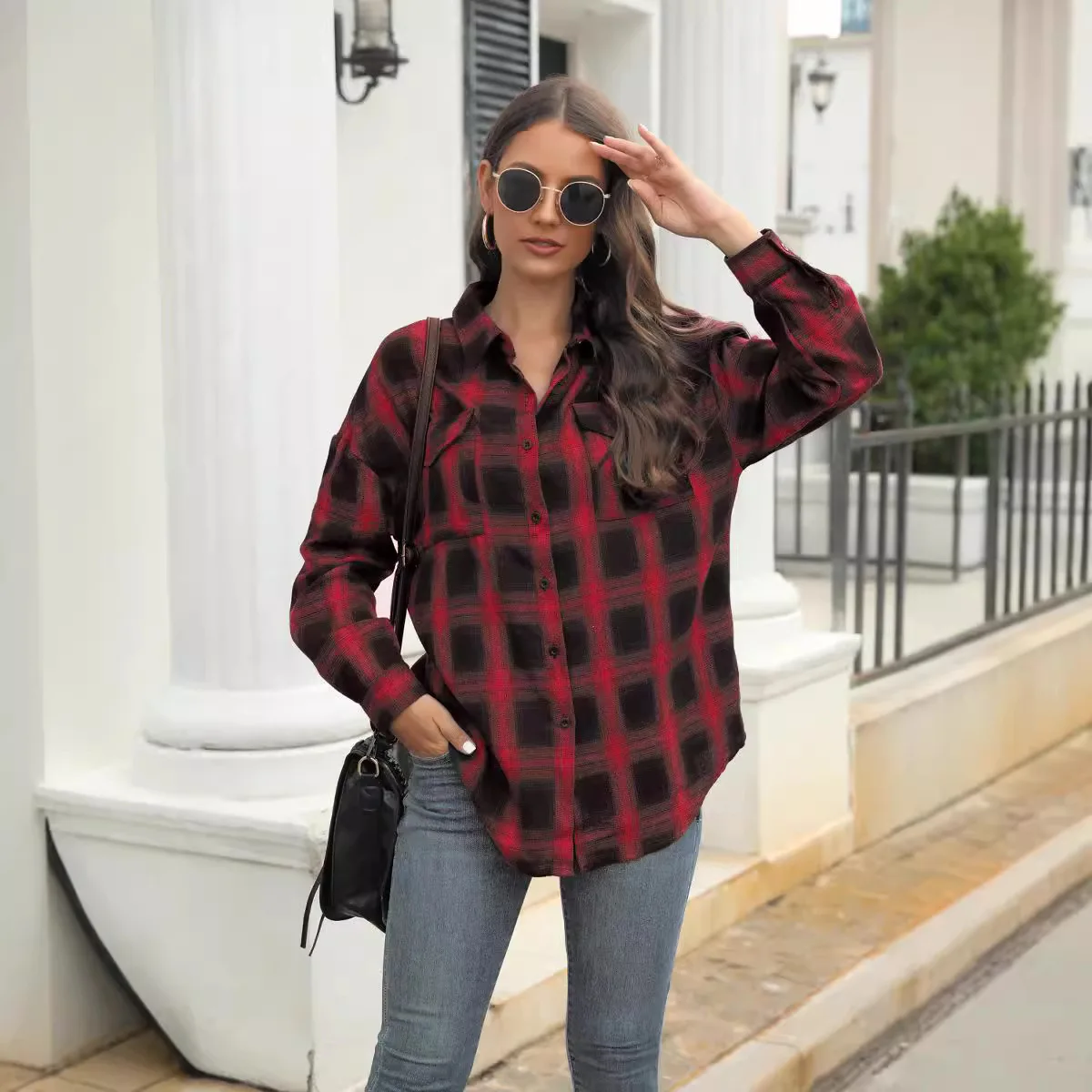 Plaid Checkered Shacket Button Down Turn Down Collar Long Sleeve Pockets Loose Fit Casual Commute Fall Winter Outerwear Shacket