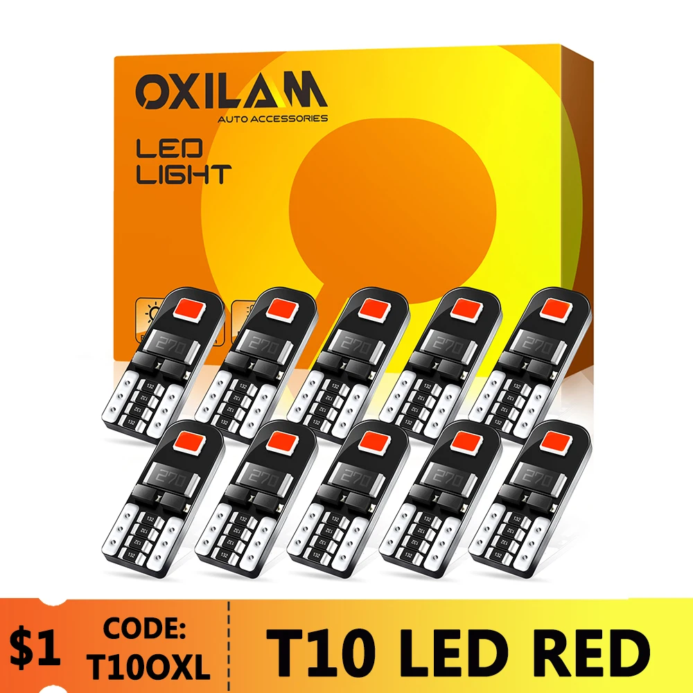 OXILAM 10Pcs LED T10 RED W5W 194 168 Bulb Canbus Error Free Auto Interior Position Parking Light 12V SMD 2825 Lamp White Yellow