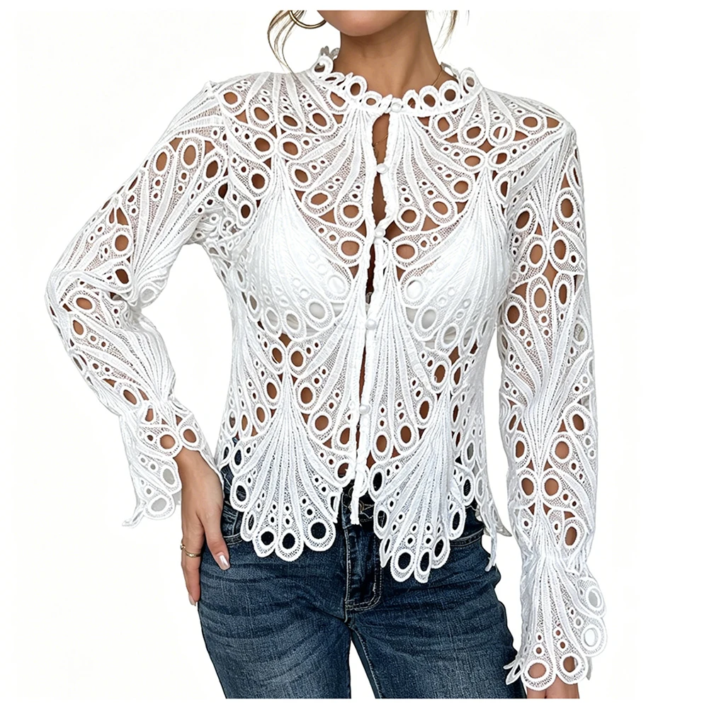 Stand Collar Blouse for Women Made from Breathable Knit Fabric with Hollow Lace Embellishment and Bell Sleeves