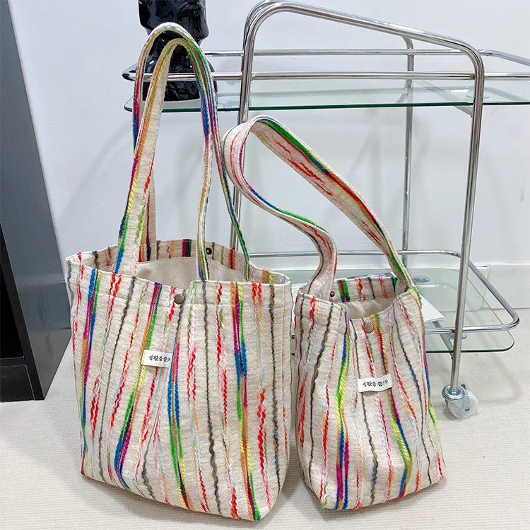 2024 New Rainbow Stripes Contrasting Color Canvas Shoulder Bag Fashionable Simple Tote Bag