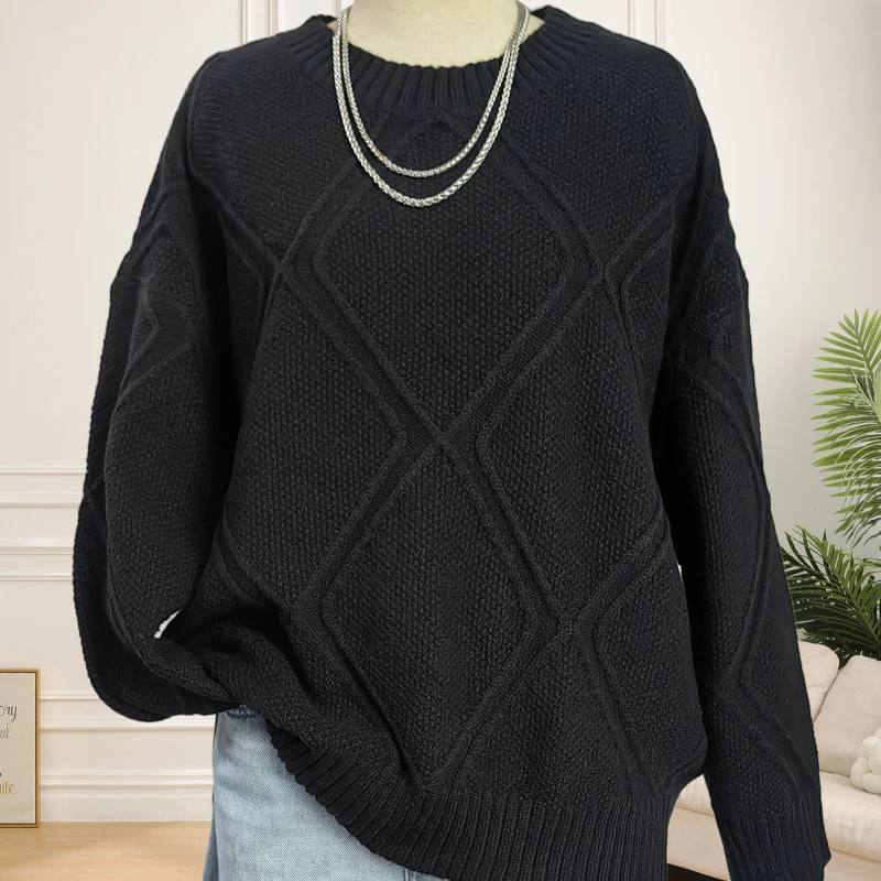 

Top in Stock Women's Diamond Patterned Jacquard Loose and Lazy Casual Pullover Sweater