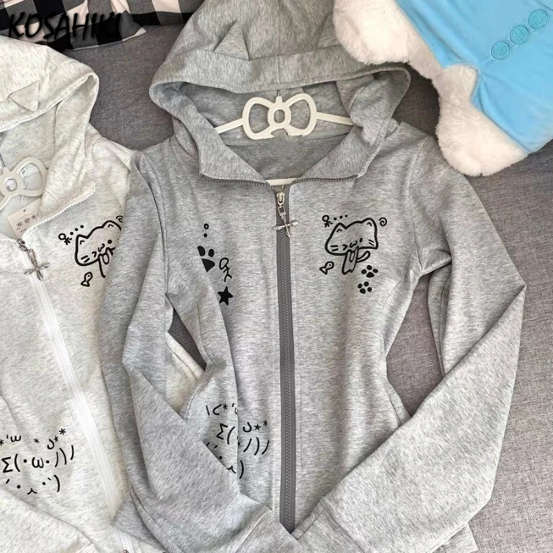 

Japanese Casual Cartoon Print Cat's Ears Hoodies Grunge Dual Zippers Preppy Style Sweatshirts 2025 Y2k Aesthetic Vintage Hoody