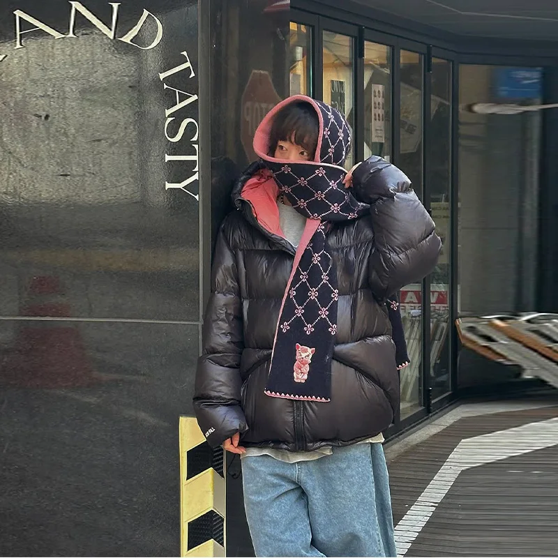 

Pink-black Women's Down Jacket Drawstring Hooded Puffy Cotton Padded Coat Contrast Zipper Outerwears 2025 NEW Winter Lady Coats