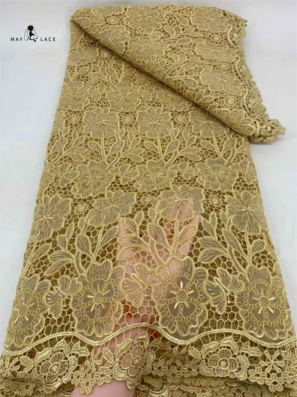 

2025 High Quality Nigerian Stones Lace Fabric African Mesh Lace Fabric French Milk Silk Lace With Stones For Wedding Dress Sew