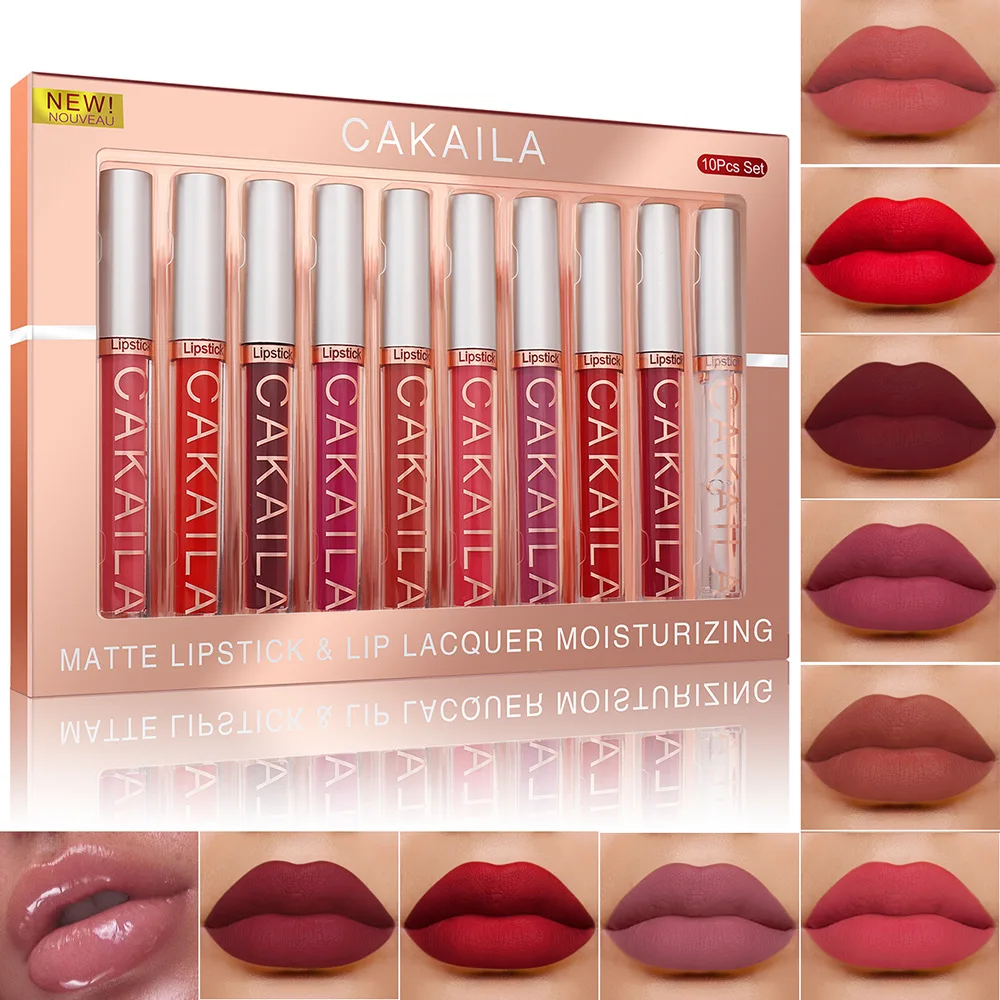 CAKAILA 10Pcs/Set Pro Colour Matte Nude Velvet Liquid LongLasting Lip Gloss Make Up Rich Matte Finish Waterproof Lipgloss Makeup