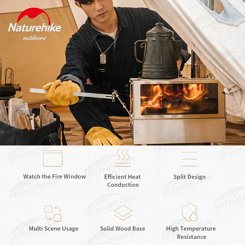 Naturehike Multifunctionele Brandhoutkachel Wintertent Verwarming Desktop Oven Afneembare Houtkachel Koken Met 1.8m Schoorsteenpijp