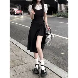 French Vintage Hepburn Style Black Fake Two Piece Dress Women's Summer Mid Length Small Irregular Split Long Dress