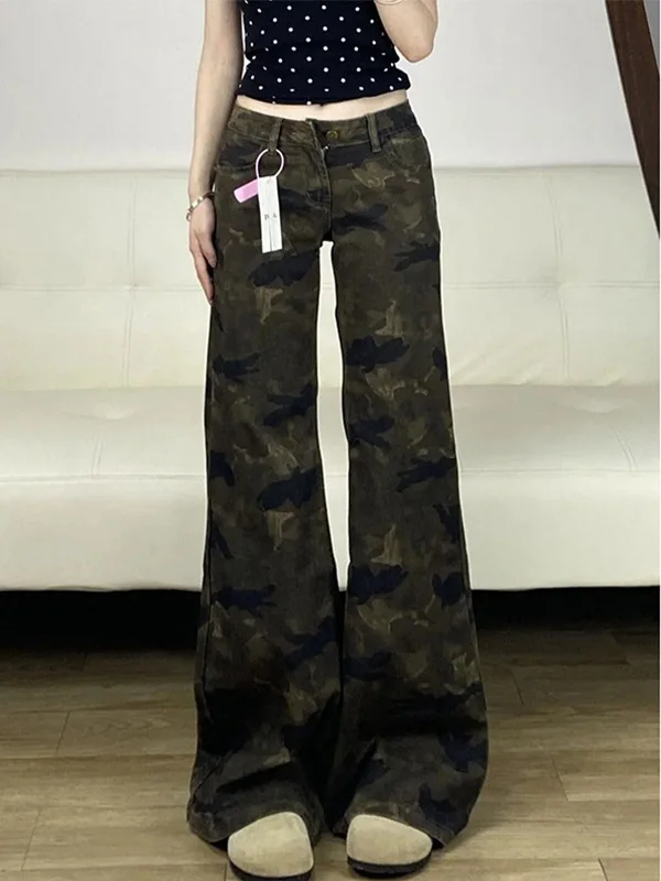 

Slim Fit Camouflage Bell Bottom Jeans Women's Spring Autumn New Small Size High Waist Long Pants Casual Wear Daily Commute