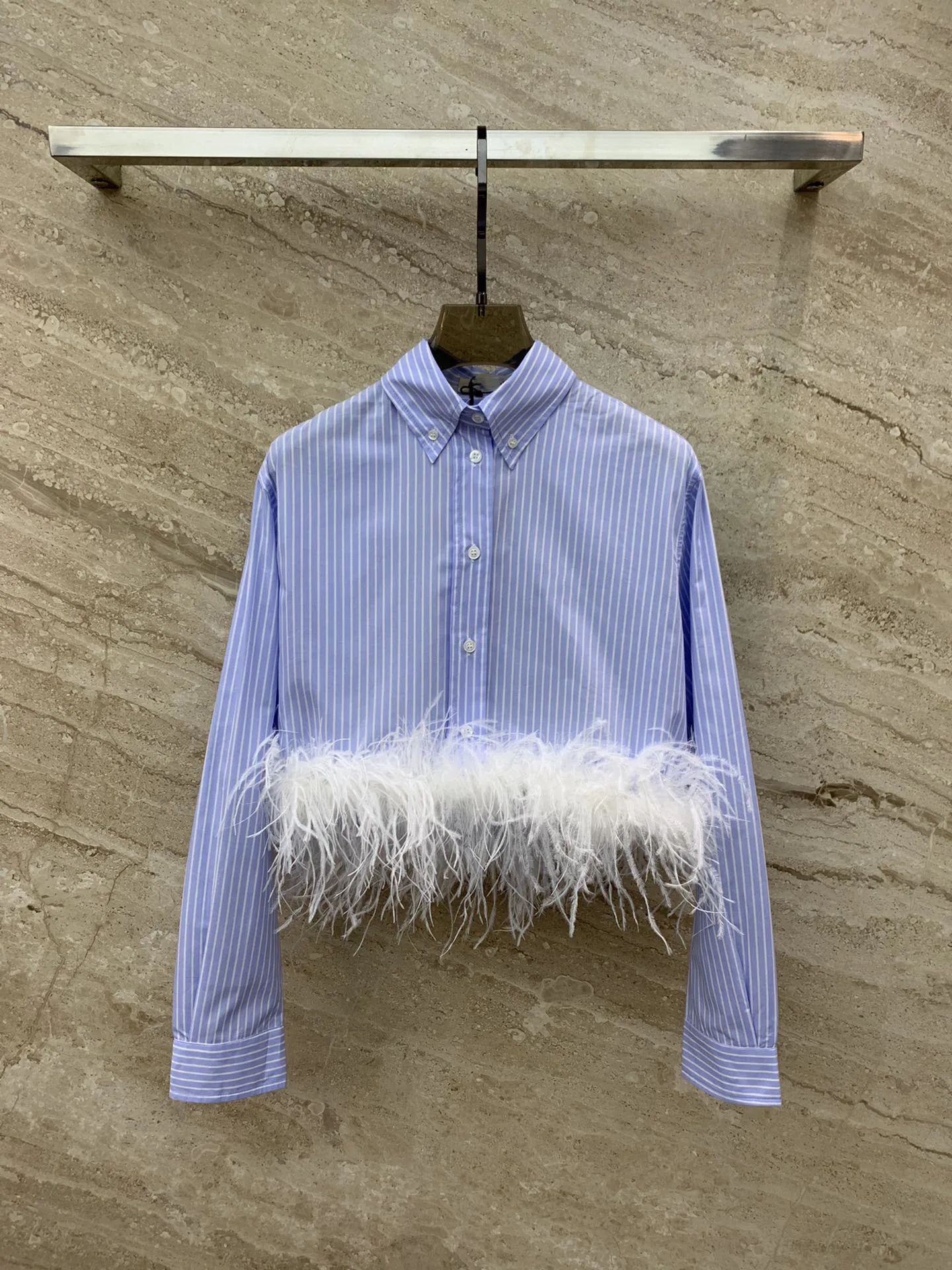 New style for early spring feather trim striped cotton shirt