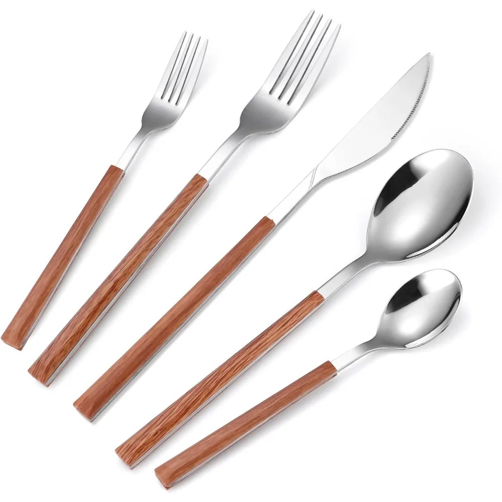 Juego de 5 piezas de cubiertos, tenedor y cuchara, juego de cubiertos de acero inoxidable, mango de madera de imitación, juego de cubiertos fácil de limpiar y reutilizable