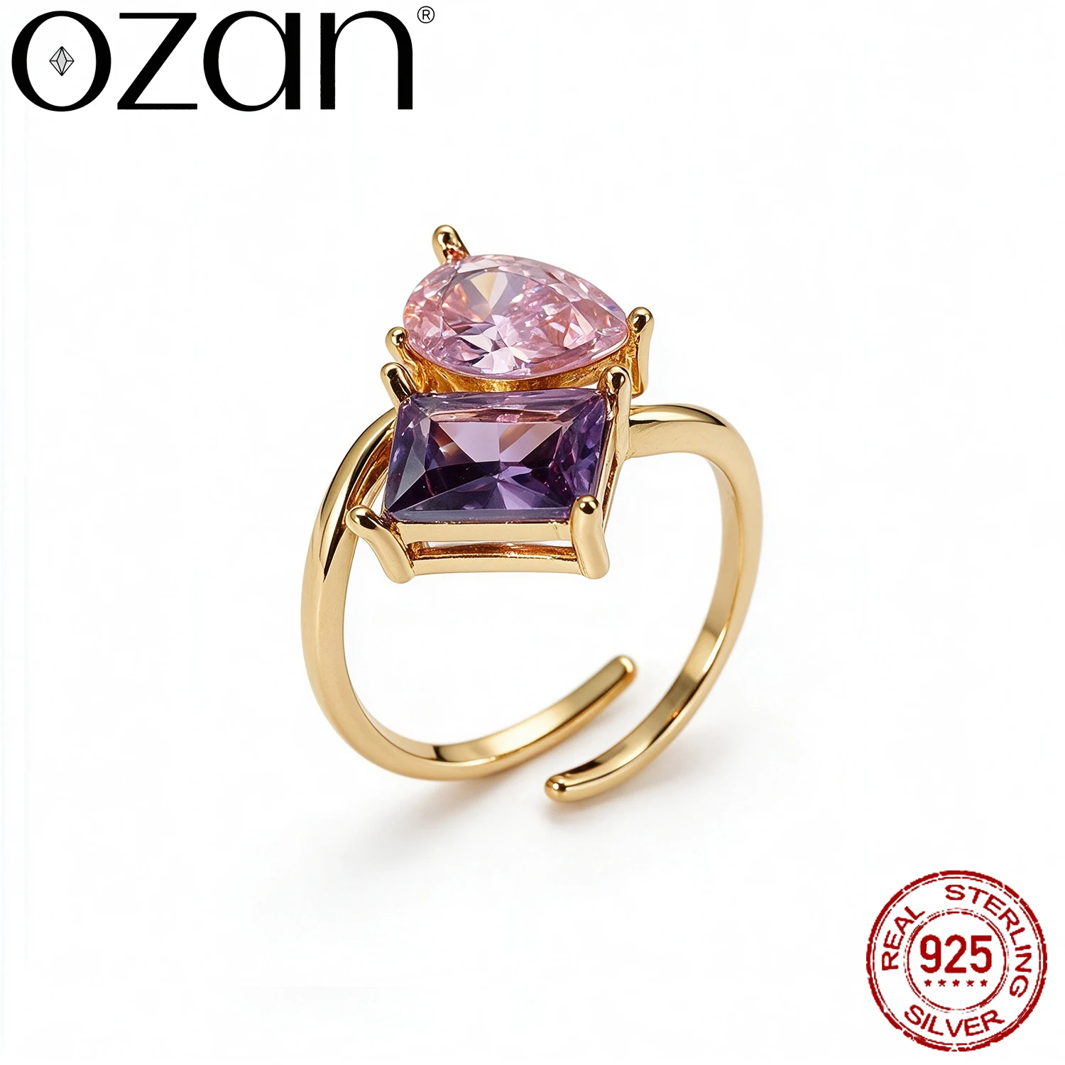 OZAN 925 Sterling Silver Ring Colorful Gemstone Open Ajustable Ring 18k Yellow Gold Plated Fashion Jewelry for Women Lady Girls