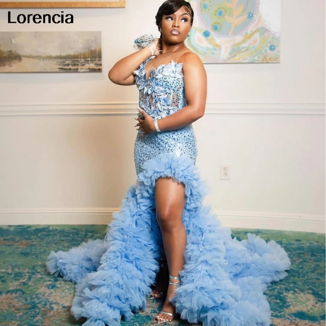 

Lorencia Sparkly Blue Mermaid Prom Dress 2024 Beading Rhinestone For Wedding Guest Woman Ruffles Black Girls Party Gowns YPD168