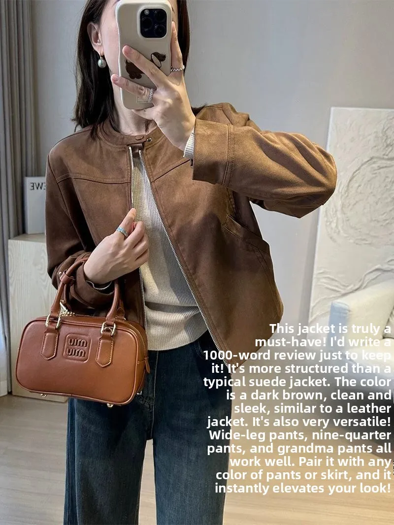 

Quilted Suede ort Jaet Retro Sle Women's Faion Spring Autumn Zipper Closure Color Casual Wear Straight Hemline